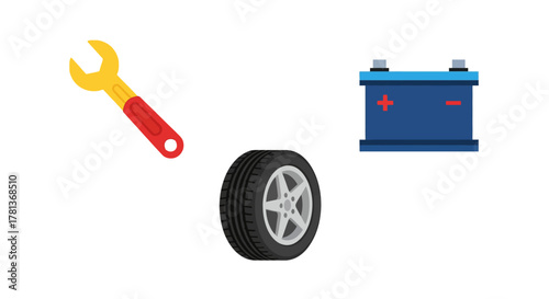 Colorful 3d icons of automotive tools: wrench, tire, battery for repair and maintenance