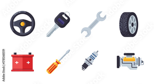 Colorful car parts collection featuring tools and accessories