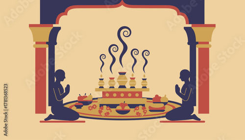 A sacred space set up for rituals and blessings with incense burning and offerings laid out inviting visitors to observe with respect.