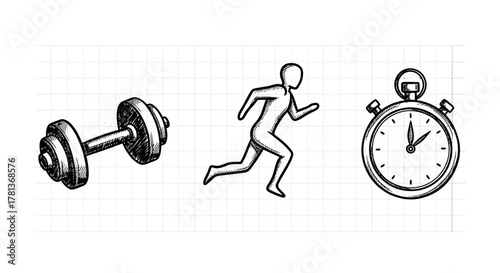 Sketch of fitness journey: dumbbell, runner, stopwatch on grid