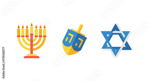 Colorful hanukkah symbols with menorah, dreidel, and star of david in flat design
