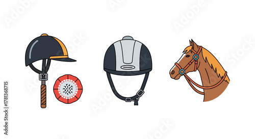 Equestrian gear and horse: stylish collection featuring helmets and horse in colorful design