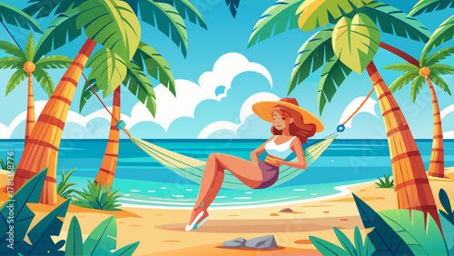A carefree woman relaxing on a hammock tied between palm trees, gentle sea breeze and turquoise water in the background, sunlight shimmering on the waves, evoking summer peace, island lifestyle