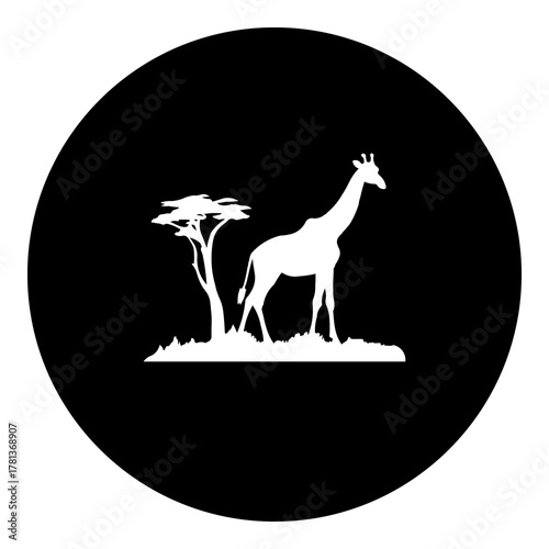 A giraffe symbol in the center. Isolated white symbol in black circle. Illustration on transparent background
