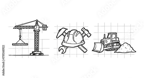 Hand drawn construction icons with crane, tools, and bulldozer on grid