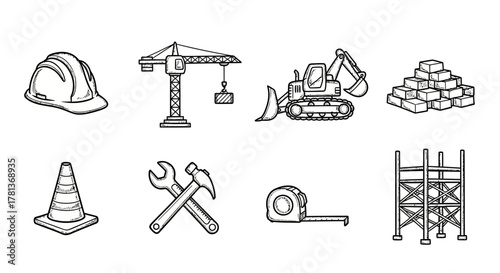 Hand-drawn construction tools and equipment set for building projects