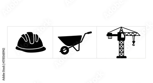 Construction icons: hard hat, wheelbarrow, tower crane silhouettes
