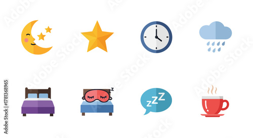 Sleep and nighttime icons: moon, star, clock, cloud, bed, mask, speech bubble, coffee
