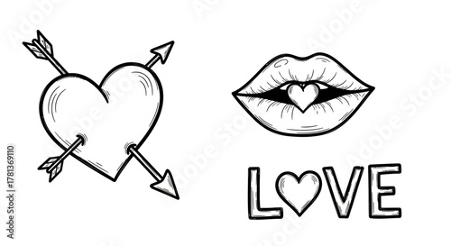 Romantic symbols: heart with arrows, heart-shaped lips, love typography in black and white