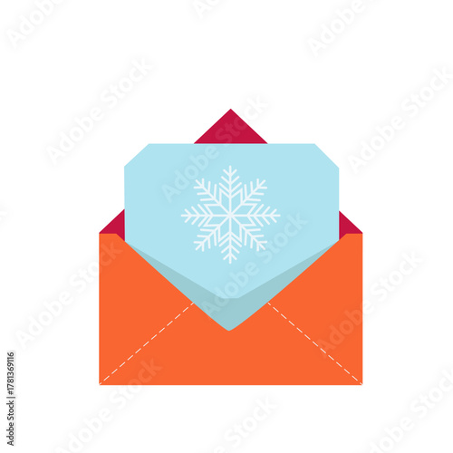 Minimalist winter envelope with snowflake, flat colorful vector icon for holiday greeting design and seasonal mail branding