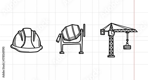 Hand drawn construction tools and machinery on graph paper