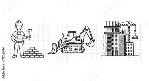 Hand-drawn construction elements with worker, equipment, and buildings on grid background