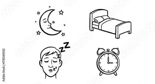 Sleep theme icons: moon, bed, sleeping face, clock in black and white style
