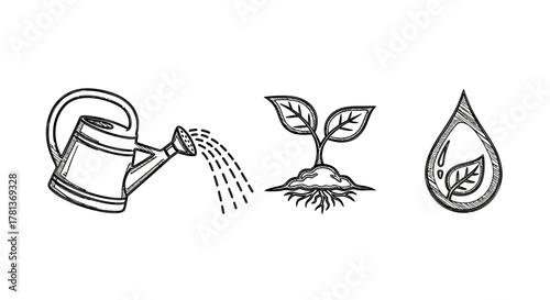Line art icons of watering can, seedling, and water drop with leaf