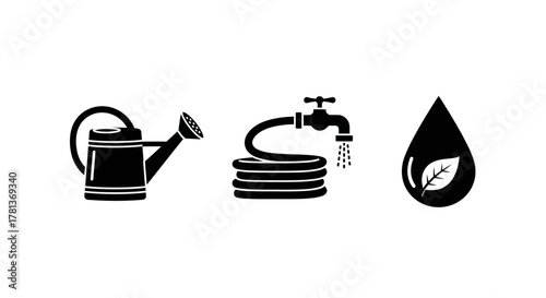 Gardening tools and water conservation silhouette icons set