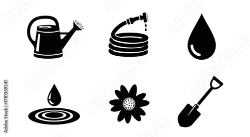 Garden tools and watering equipment: silhouette set for home gardening