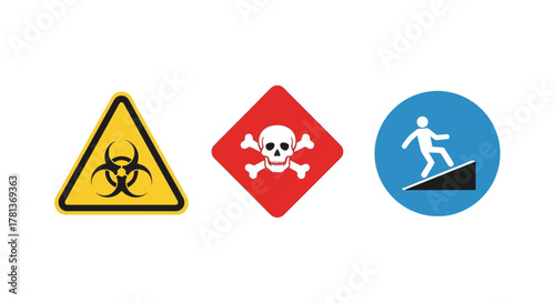 Caution symbols: biohazard, toxic, and slippery surface warnings in bold colors