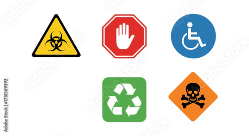 Set of safety and hazard signs in flat design for public awareness
