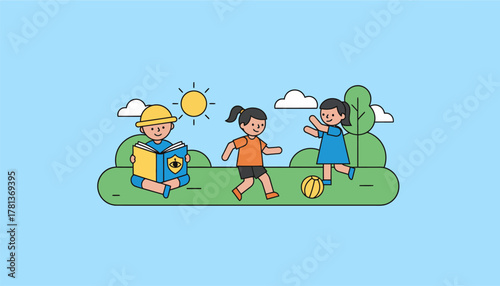 An engaging outdoor scene where children are playing with one reading a book about internet safety tips promoting awareness beyond digital devices.
