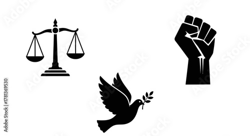 Symbols of peace, justice, and unity: dove with olive branch, scales, and raised fist silhouettes