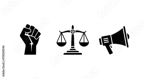 Empowerment icons: fist, scales of justice, and megaphone in bold silhouette style