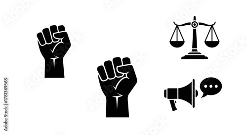Silhouette icons of fist, justice scale, and megaphone for social activism designs