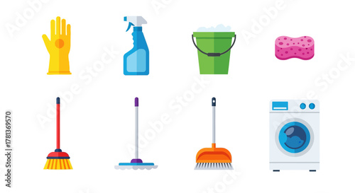 Essential cleaning tools: gloves, sprays, mops, buckets, and appliances for a sparkling home