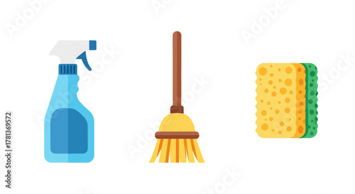 Essential cleaning tools: spray bottle, broom, and sponge in flat design