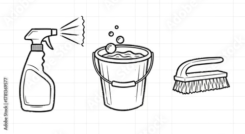 Line art cleaning tools: spray bottle, bucket with bubbles, scrub brush