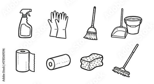 Monochrome cleaning supplies icons: broom, gloves, mop, bucket, sponge, spray, dustpan