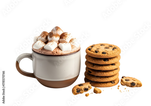 Cozy hot chocolate with marshmallows and cookies, isolated on white or transparent background. PNG