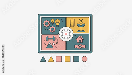 A dynamic vision board setup that changes frequently with interchangeable elements reflecting evolving goals and aspirations.