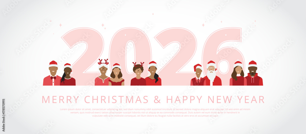 Obraz premium Santa claus, children and adults wishing you a merry christmas and happy new year for 2026