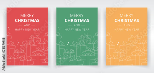 Merry christmas and happy new year poster or greeting card templates featuring line art of stacked gift boxes