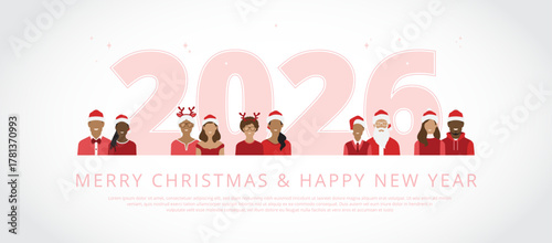 Santa claus, children and adults wishing you a merry christmas and happy new year for 2026