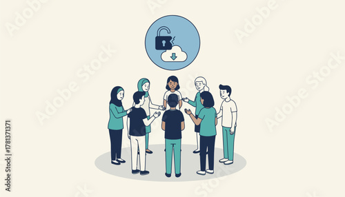 A diverse group of students stands in a circle engaging in an open discussion about the effects of cyberbullying showcasing supportive body language.