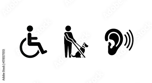 Accessibility symbols: disability, service dog, hearing impairment icons in minimalist design