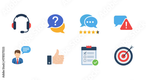 Customer support and feedback icons for communication and service