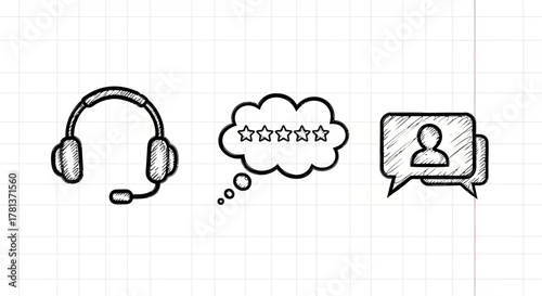 Hand drawn customer support icons: headset, feedback, communication symbols