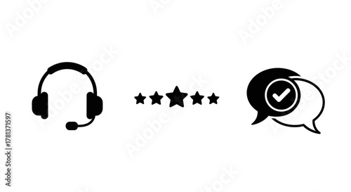 Customer support symbol with headset, stars, and speech bubbles icon set
