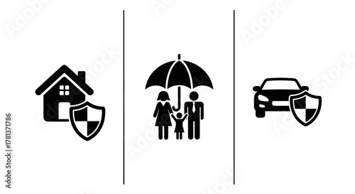 Black and white insurance icons: home, family, car protection