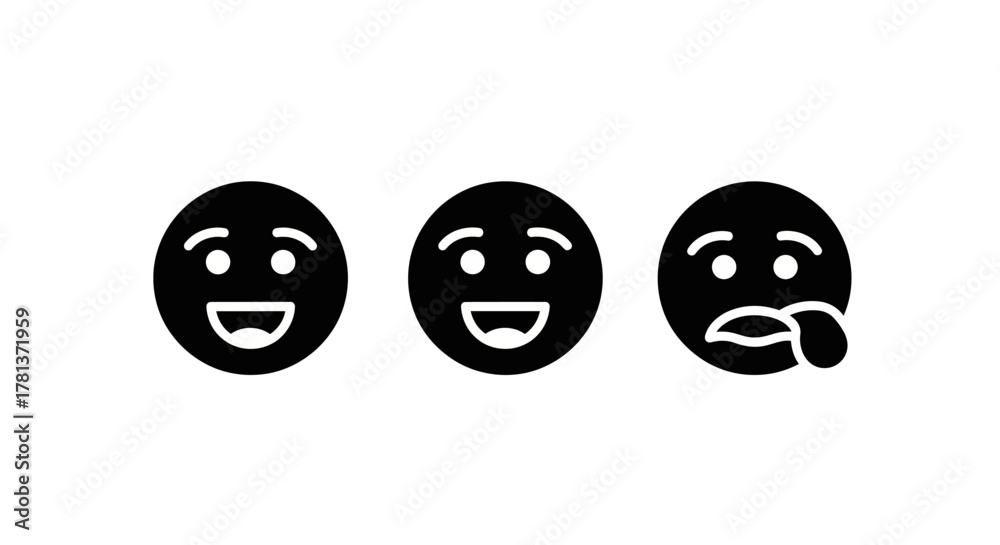 Fototapeta premium Minimalist black and white emoji set: smiling, happy, tongue out faces