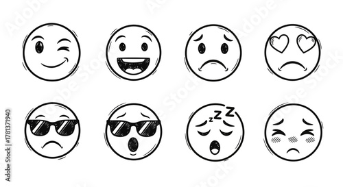 Expressive hand-drawn emoji faces showcasing diverse emotions in black and white