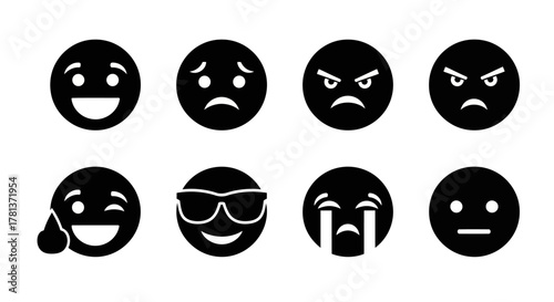 Set of eight silhouette emojis displaying a range of facial expressions