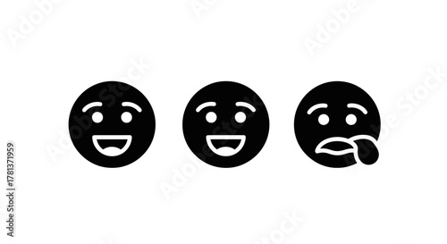 Minimalist black and white emoji set: smiling, happy, tongue out faces
