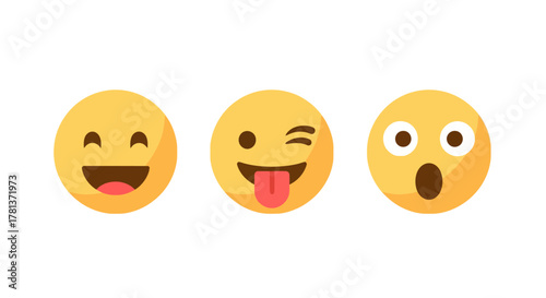 Flat style emoji faces displaying happy, playful, and surprised expressions