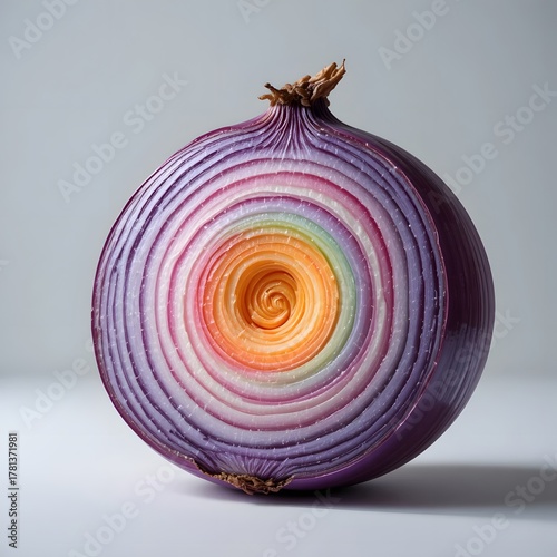 Close-up view of colourfully layered onion slices.