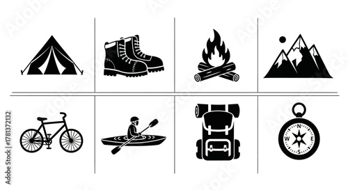 Outdoor adventure icons: camping, hiking, kayaking, and more in black and white silhouette