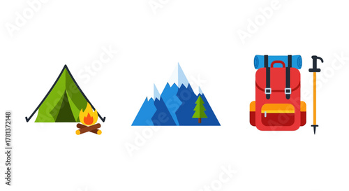 Camping adventure gear and nature elements in flat design style