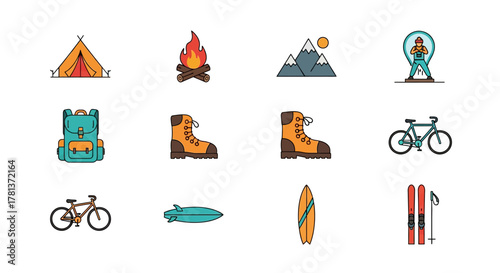 Adventure icons set featuring hiking, camping, cycling, and surfing in flat style